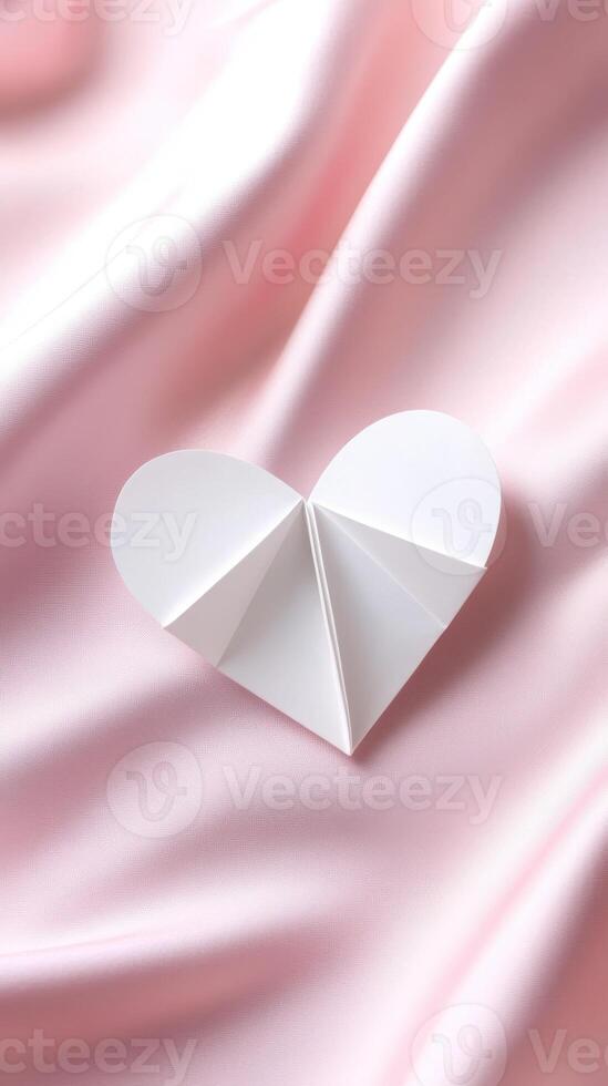 delicate white paper heart resting on soft pink fabric, symbolizing love photo
