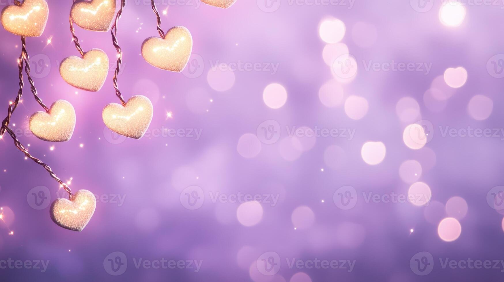 Dreamy lavender background with glowing hearts and soft bokeh effect photo