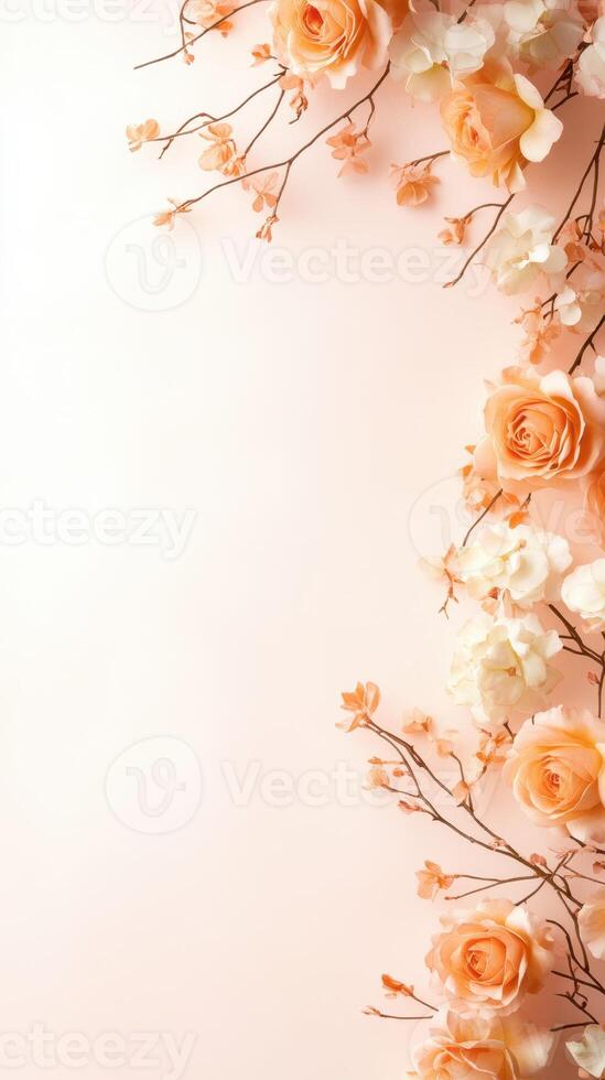 Beautiful roses and delicate flowers create charming floral border photo