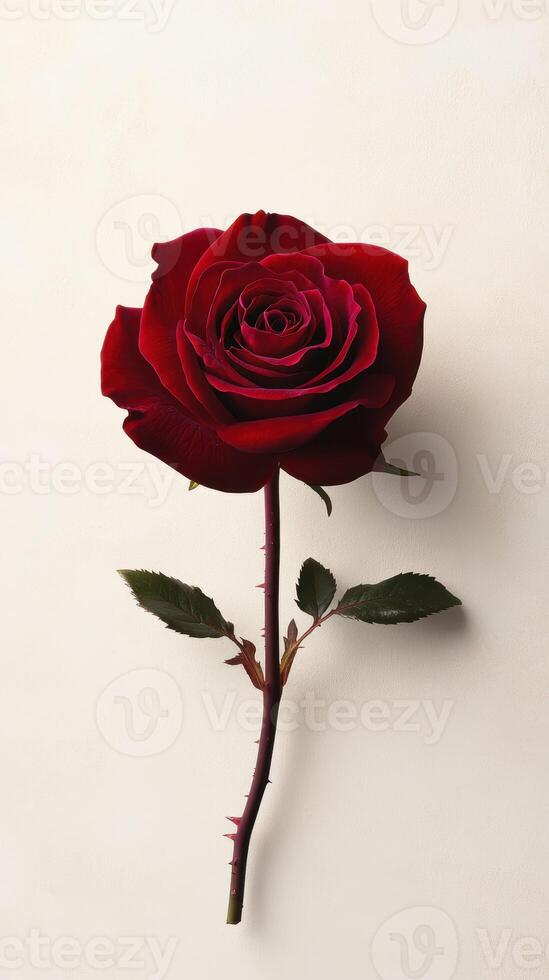 stunning red rose with lush petals against light cream background photo