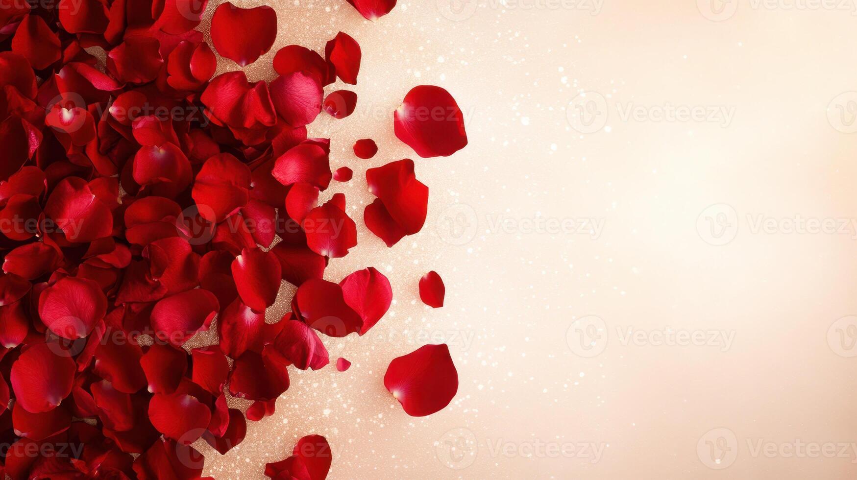 cascade of red rose petals scattered on soft background, creating romantic atmosphere photo