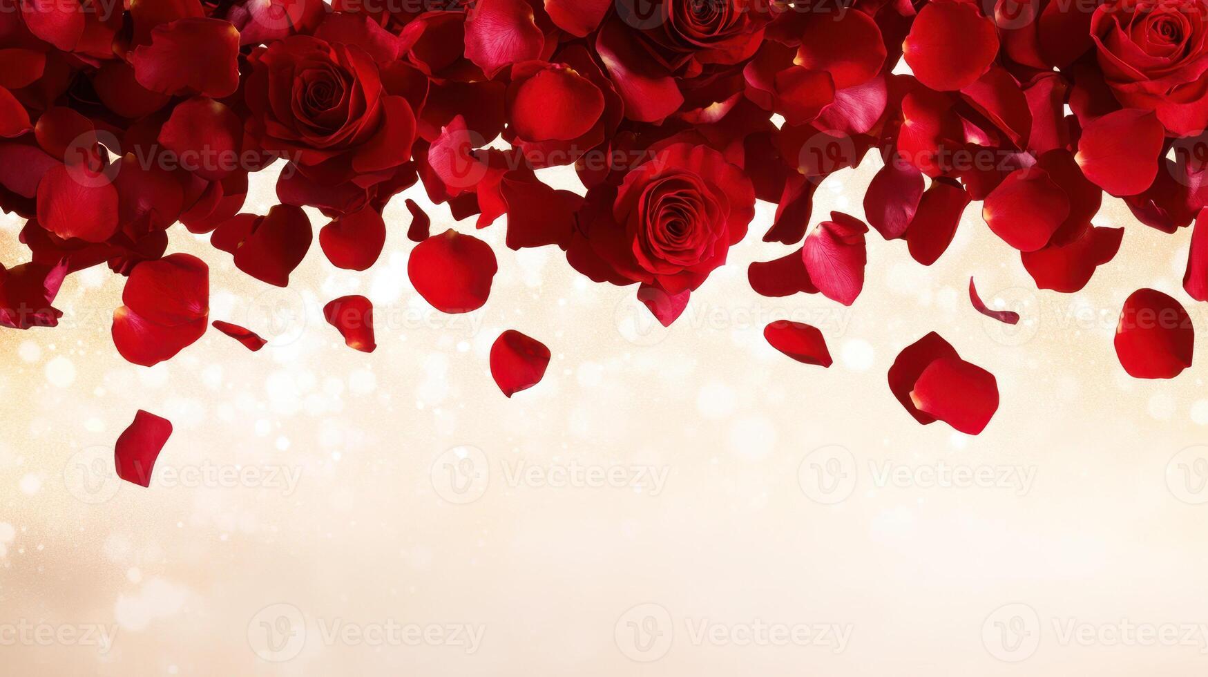 Falling red rose petals create romantic and enchanting atmosphere photo