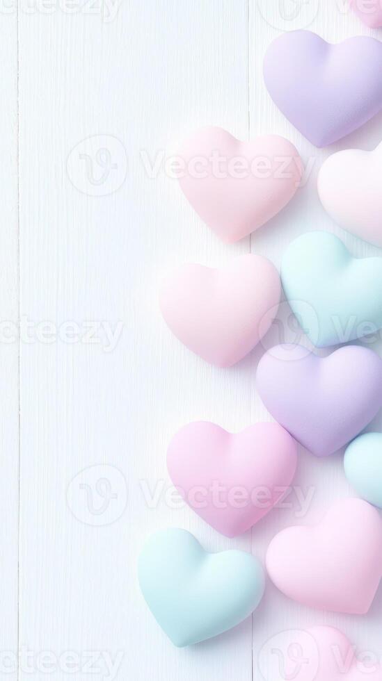 Pastel colored hearts arranged on light background create soft, romantic feel photo