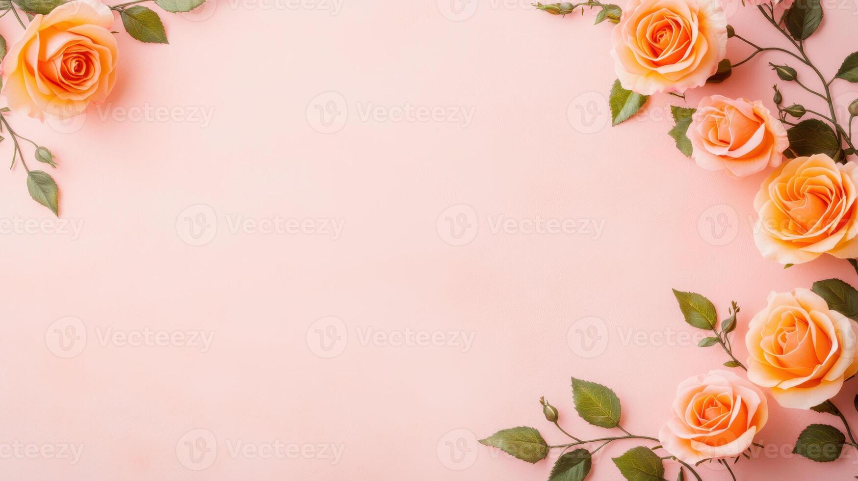 Fresh peach roses with green leaves on soft pink background photo