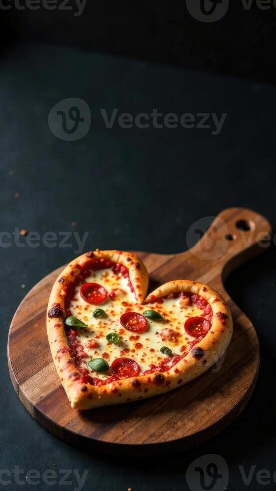 Vertical Banner of pizza in the shape of a heart on a dark background with space for text. photo