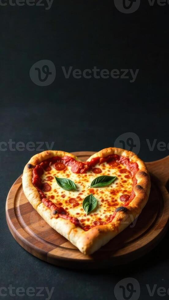 Vertical Banner of pizza in the shape of a heart on a dark background with space for text. Template, blank photo