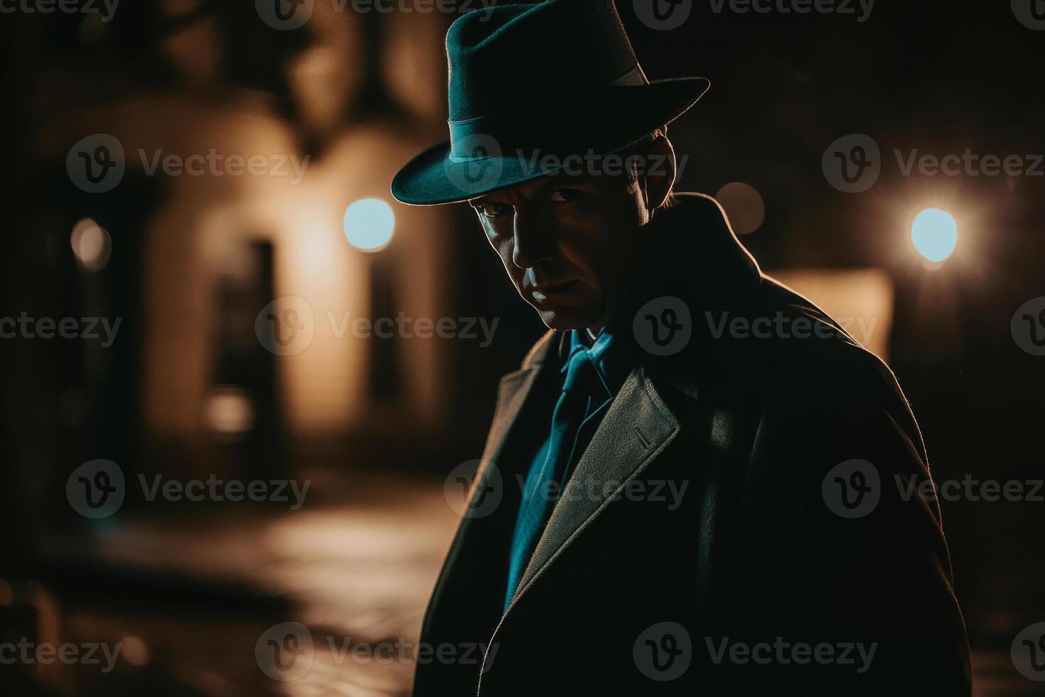 Man in hat and coat standing in dark street photo