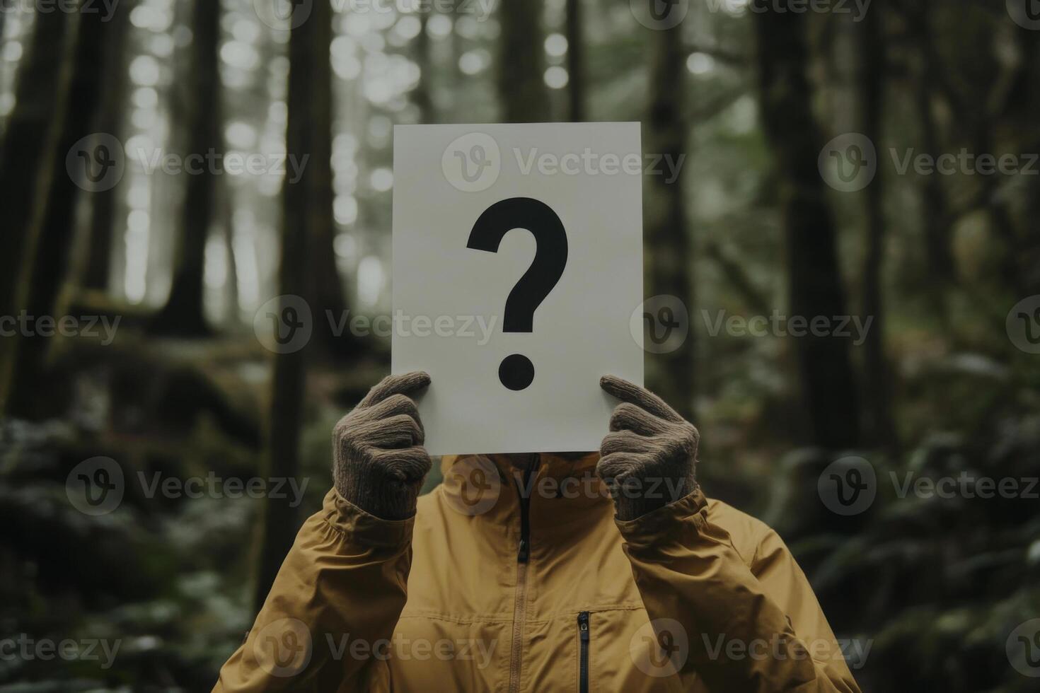 Anonymous person holding question mark sign in foggy forest photo