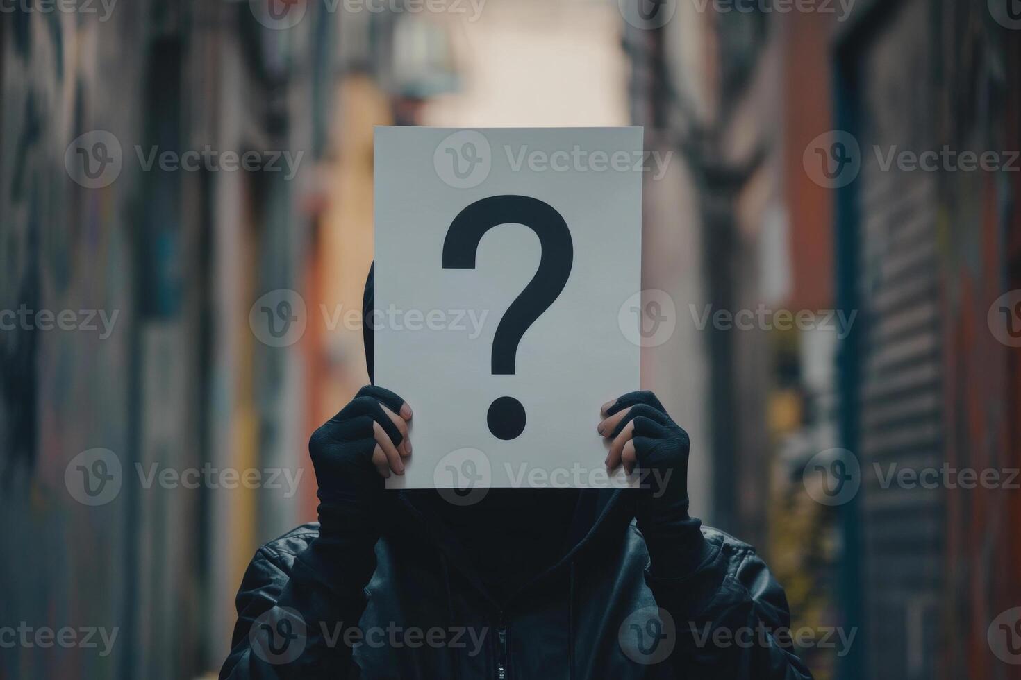Mysterious Hooded Figure Holding Question Mark Sign photo