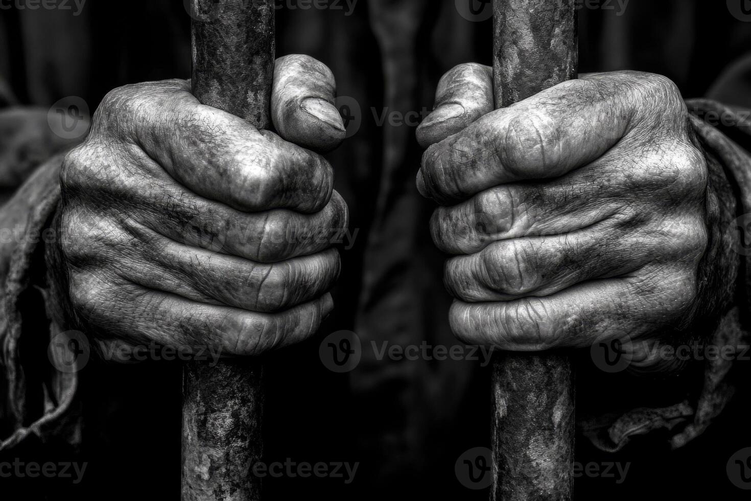 Hands of male prisoner gripping prison bars photo