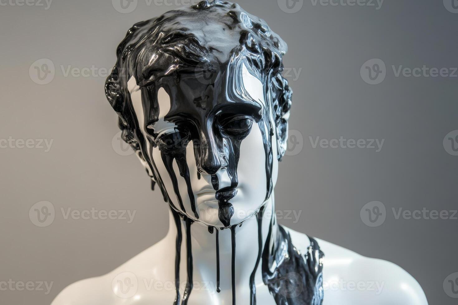 Black paint dripping down white classical plaster statue bust photo