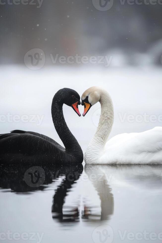 Black and white swans, create heart shape with their necks photo