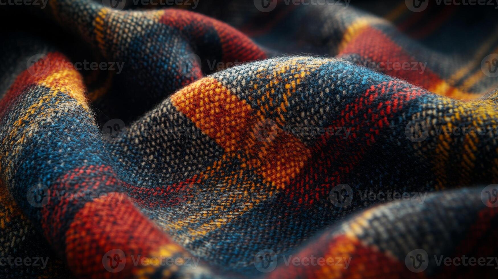 Plaid fabric in blue, red and yellow pattern. Tartan Day, traditional Scottish textile craftsmanship photo