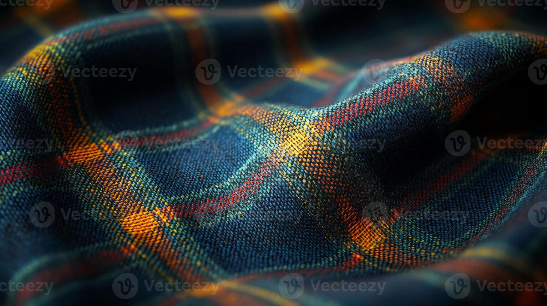 Detailed shot of blue tartan fabric with orange and yellow accents. Tartan Day, Scottish textile photo