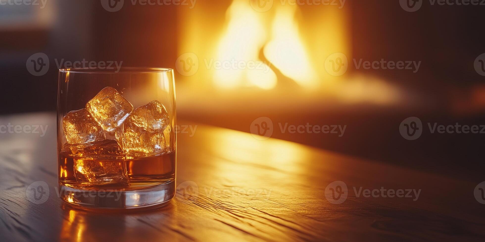 Glass of whiskey with ice, fireplace in the background. Bootleggers Day, wide banner with copy space photo