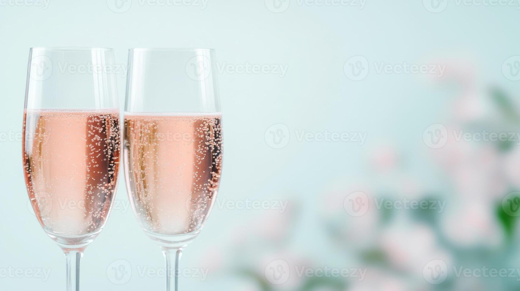 Two glasses of sparkling rose wine with bubbles, pastel backdrop. Valentines Day banner, copy space photo