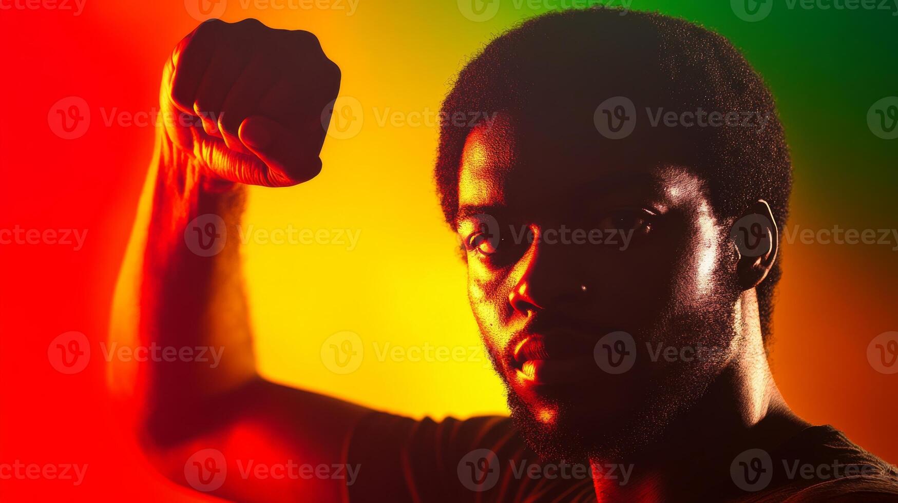 African American man raising his fist in powerful gesture of solidarity. Black History Month colors photo
