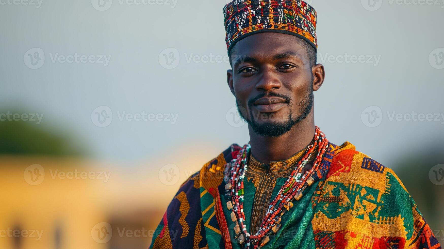 Young African man wearing traditional attire, patterned cap, beaded necklaces. Black History month photo