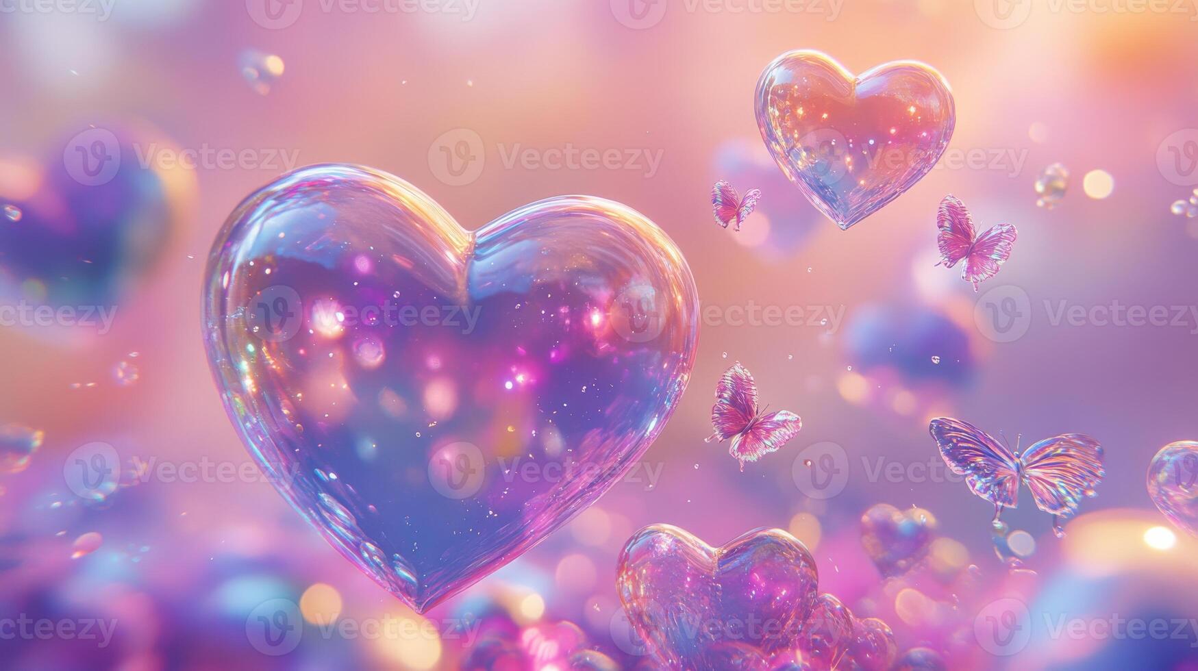 Transparent glowing hearts with dreamy iridescent effect and fluttering butterflies. Valentines Day photo