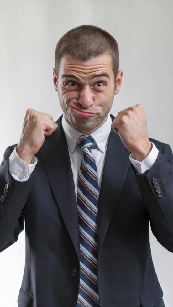 Determined Businessman with Clenched Fists. Portrait of Strength, Ambition, and Drive to Succeed in Corporate World. Business and Motivation Concept. photo