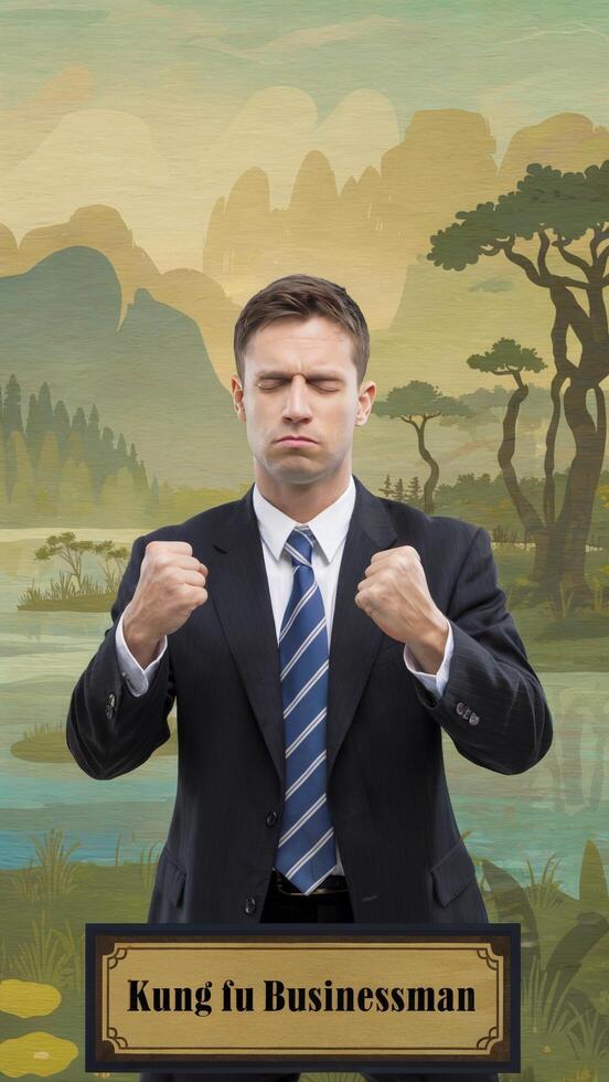 Businessman in suit practicing kung fu to find balance amidst corporate stress. Work-life balance concept photo