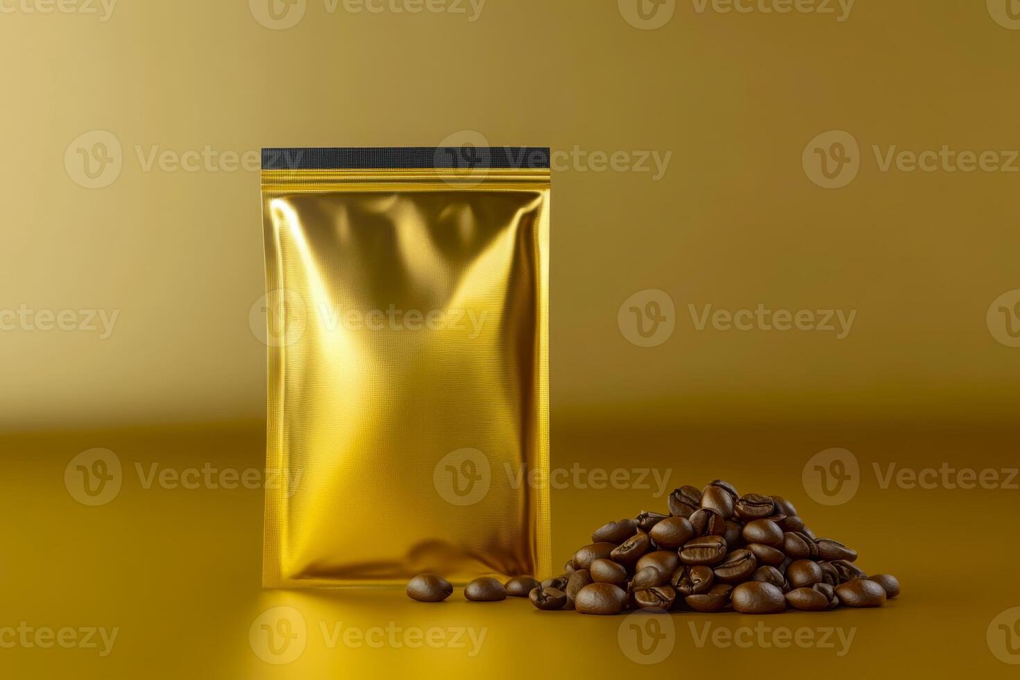 Coffee beans packaged in shiny gold foil on a golden background, showcasing a rich and vibrant presentation photo