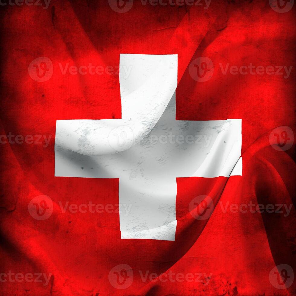 Vintage look Swiss flag - realistic waving fabric flag photo