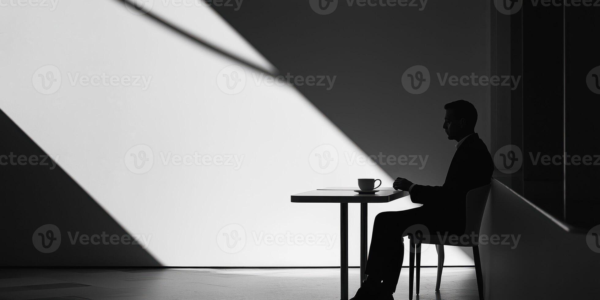 Silhouette of businessman sitting alone in modern office, stark light and shadow contrast, cup on table, minimalist setting, solitude concept photo