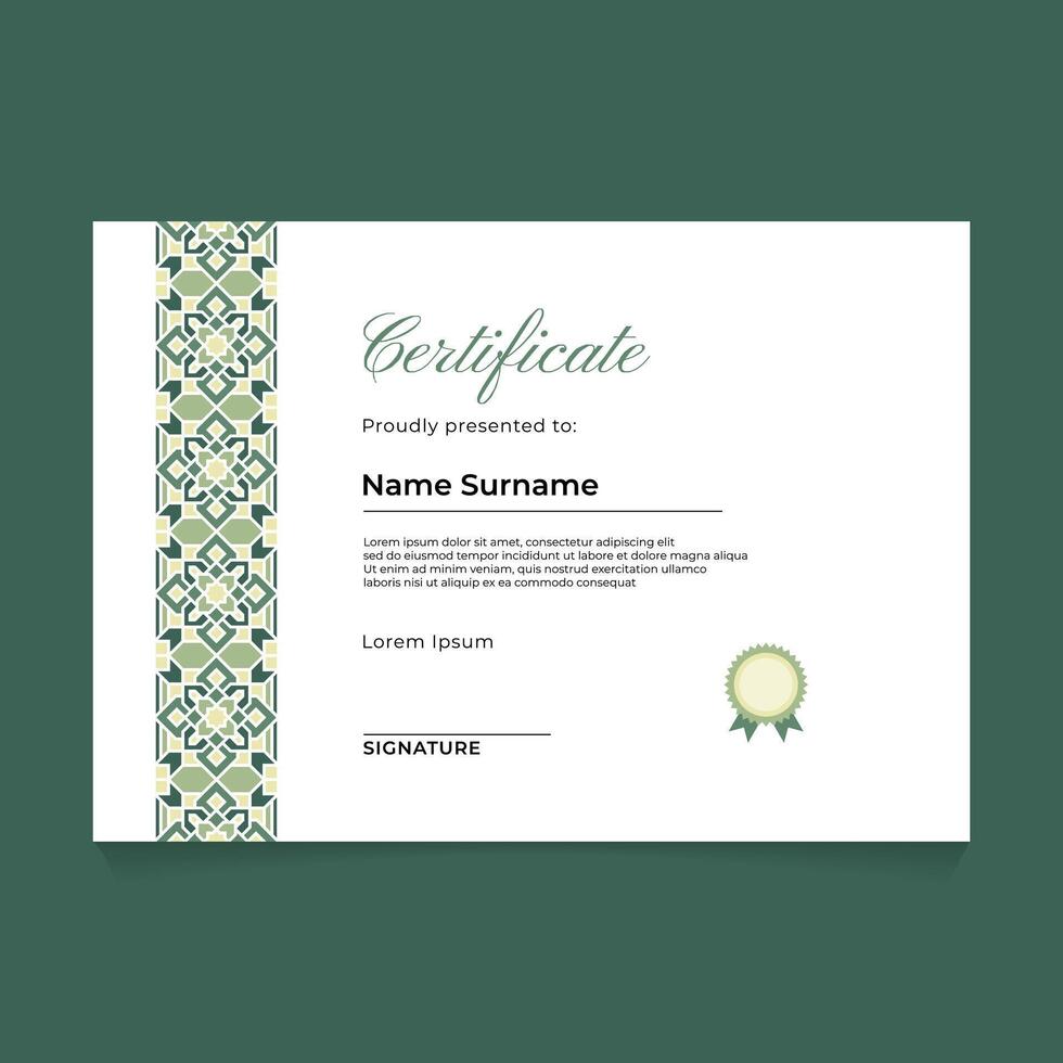 Certificate Template Design with Green Pastel Islamic Tape Ornament vector