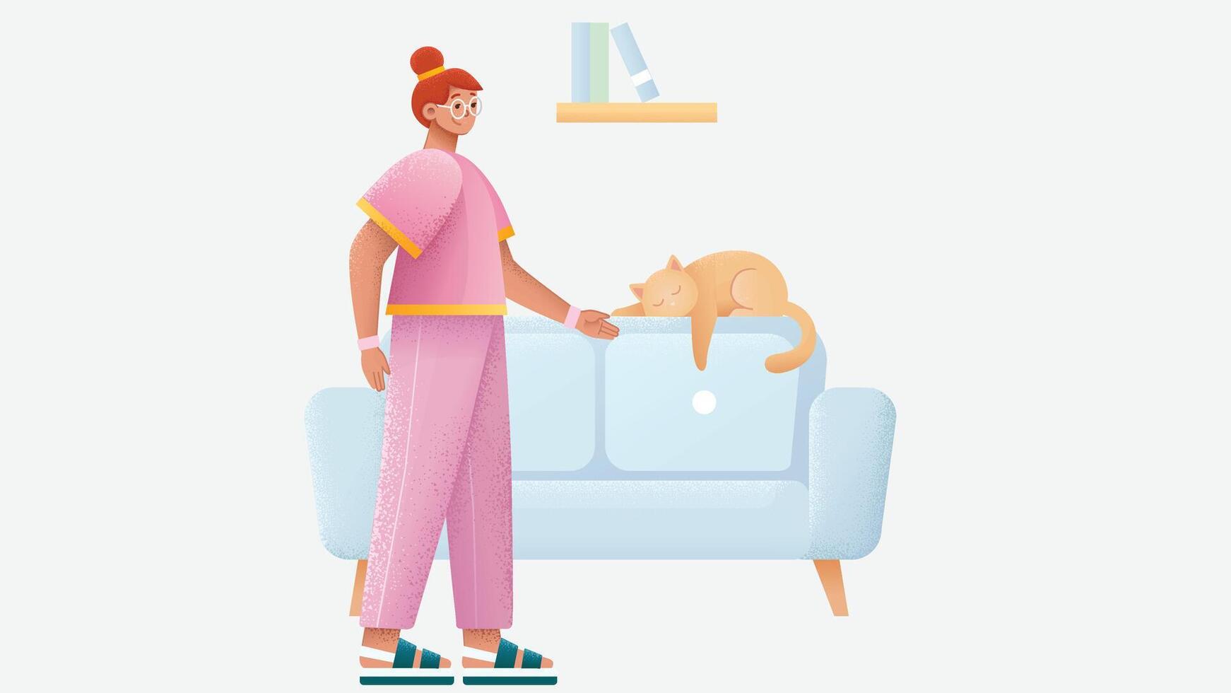 Girl stands in the living room with her cat flat design vector