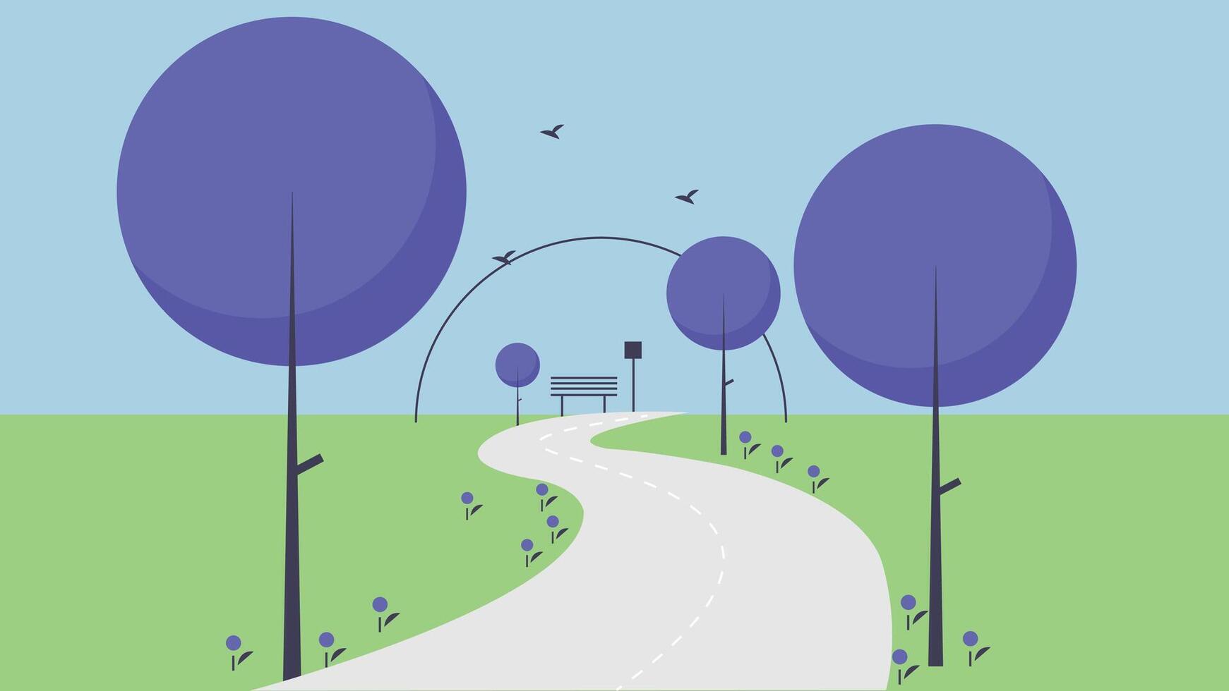 A scenic minimalist illustration of a winding pathway lined with stylized purple trees, leading to a park bench under an arch with birds flying in the sky vector