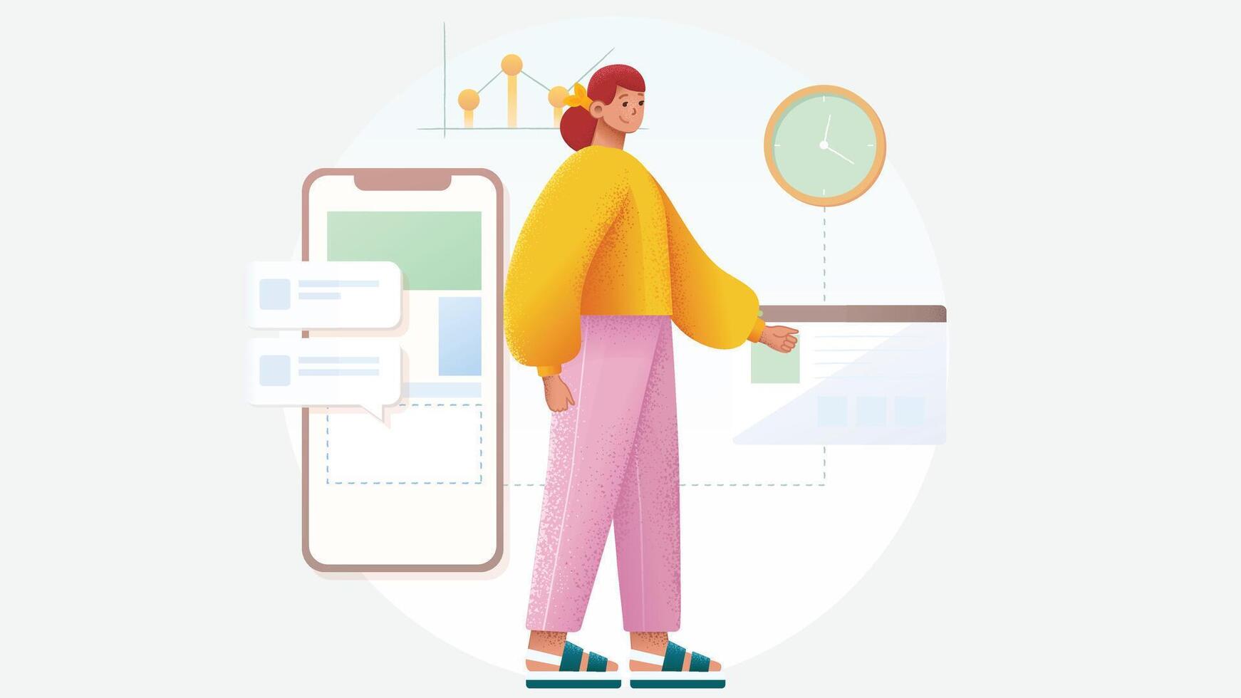 Mobile application screen with a character using the app flat illustration vector