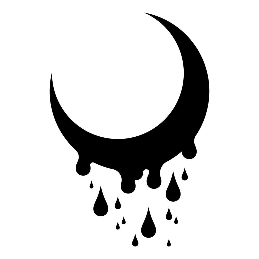 Moon with dripping slime. T-shirt print for Horror and Halloween, black silhouette. illustration isolated on white background. vector