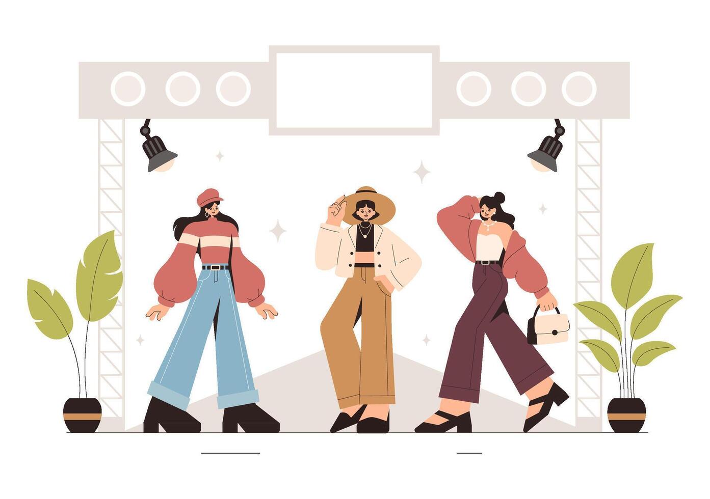 Stylish Fashion Show Illustration Featuring Female Models Walking the Runway in Trendy Outfits vector