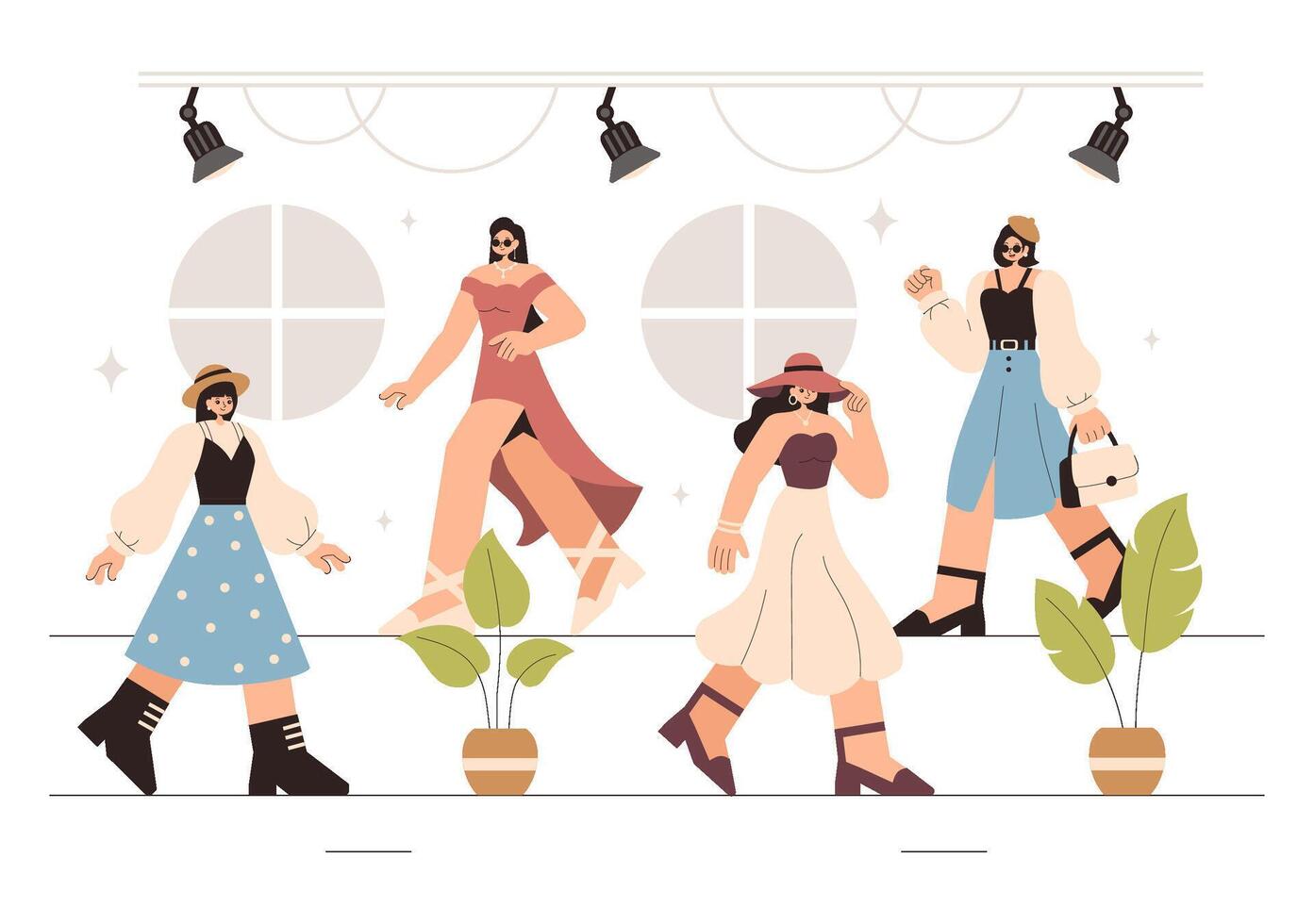 Catwalk Ramp Illustration with Female Models Displaying the Latest Fashion Trends in Flat Cartoon Style vector