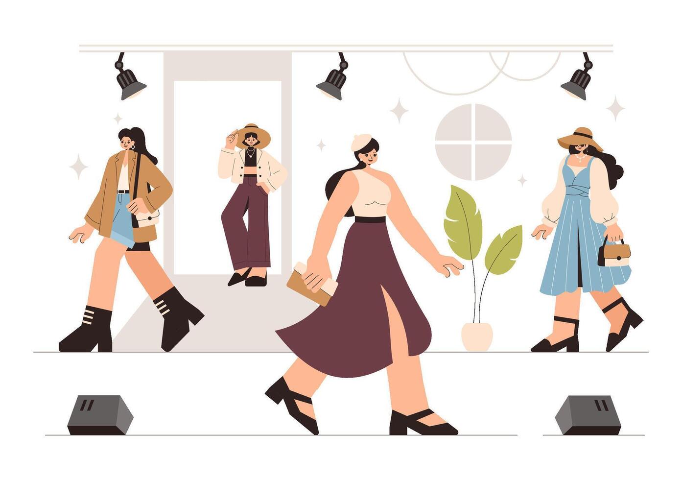 Fashion Show Illustration with Models Walking the Catwalk in Trendy Outfits and Stylish Designs in Flat Style vector