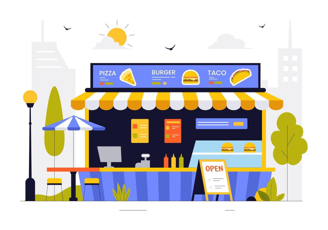 City Park Food Festival Illustration with Families, Food Stalls, and Summer Vibes vector
