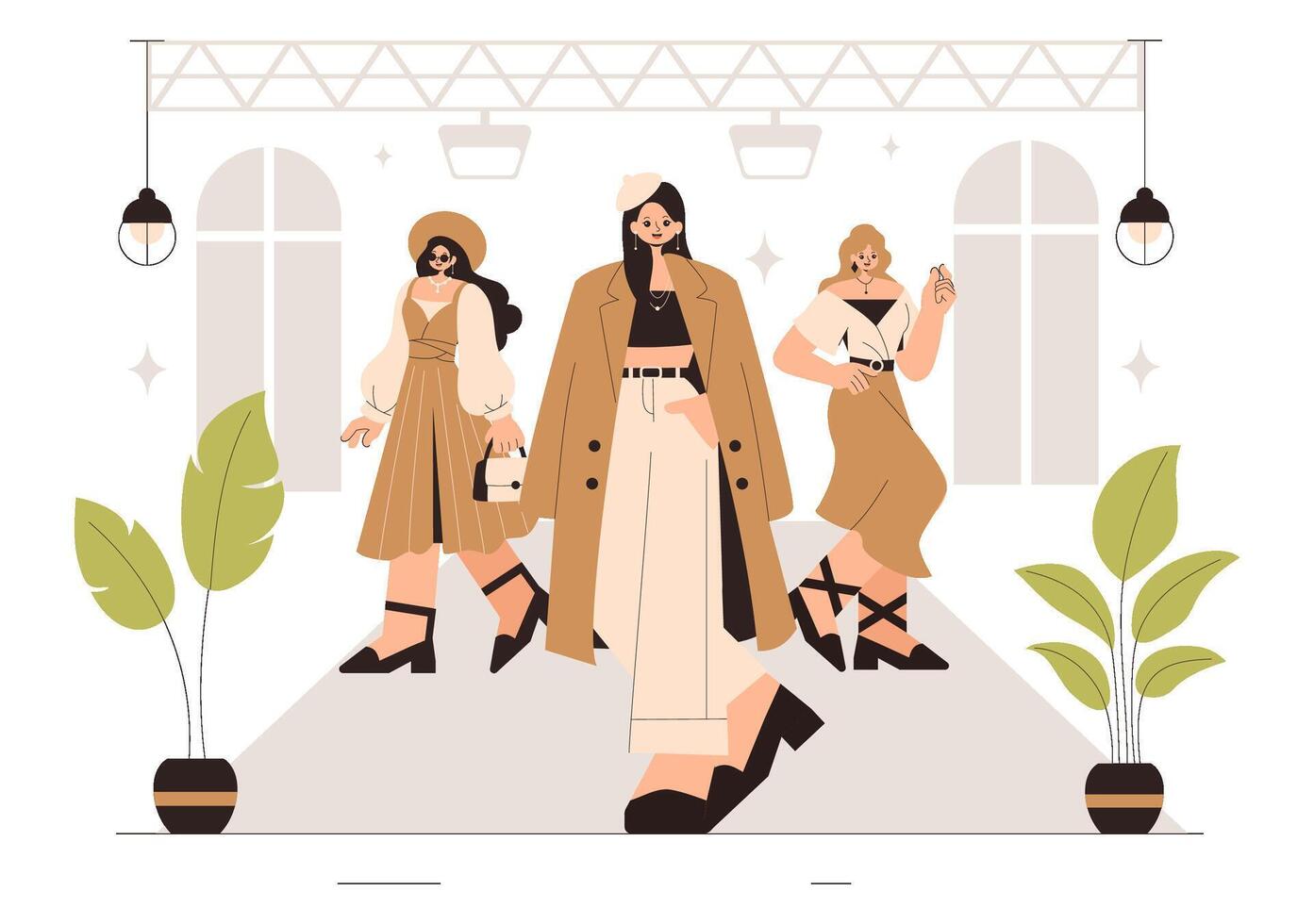 Trendy Fashion Show Illustration of Models Strutting on a Runway in a Flat Style Cartoon Background vector