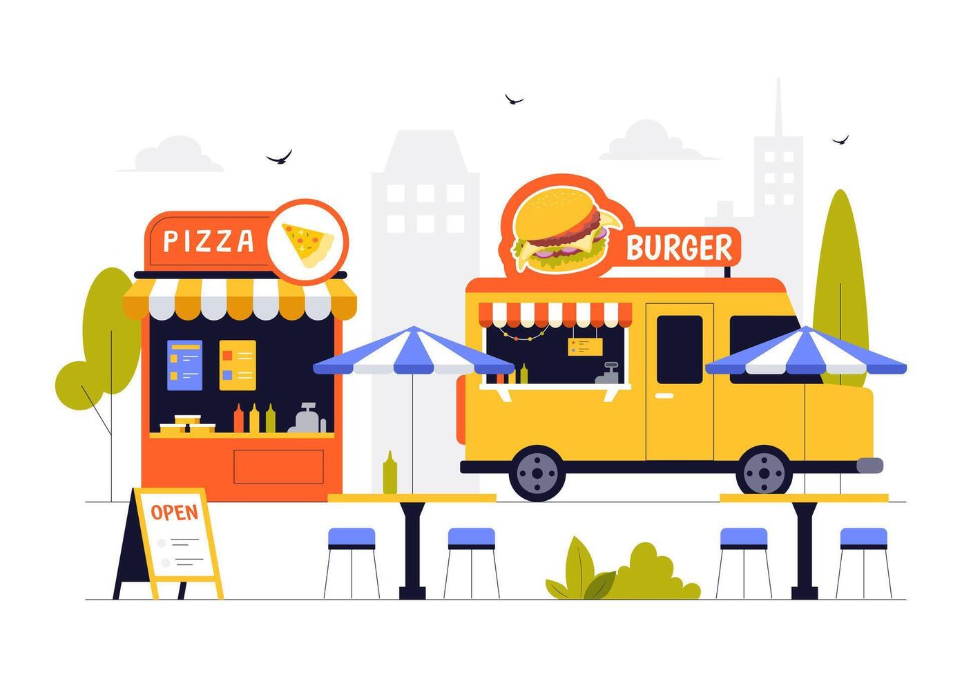 Street Food Fiesta Illustration with People Socializing at a City Park Marketplace vector