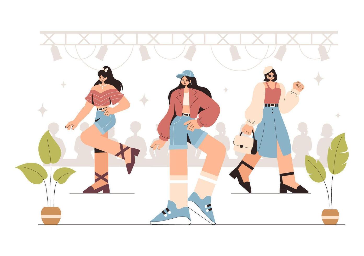Flat Style Illustration of a Fashion Show with Models Presenting Modern Clothing on a Catwalk Ramp vector