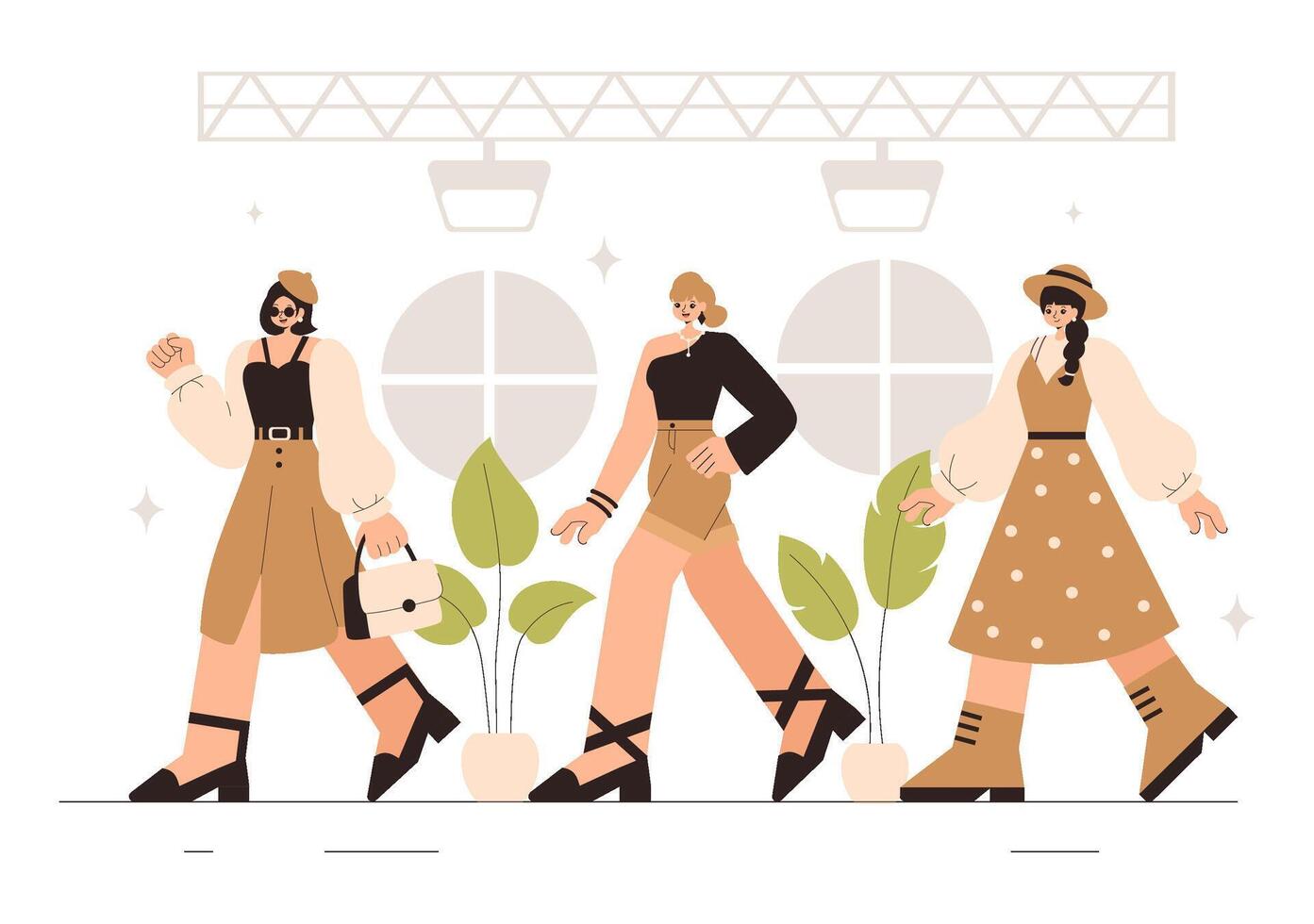 Illustration of a Fashion Runway Show with Models Showcasing Trendy Clothes in Flat Style vector