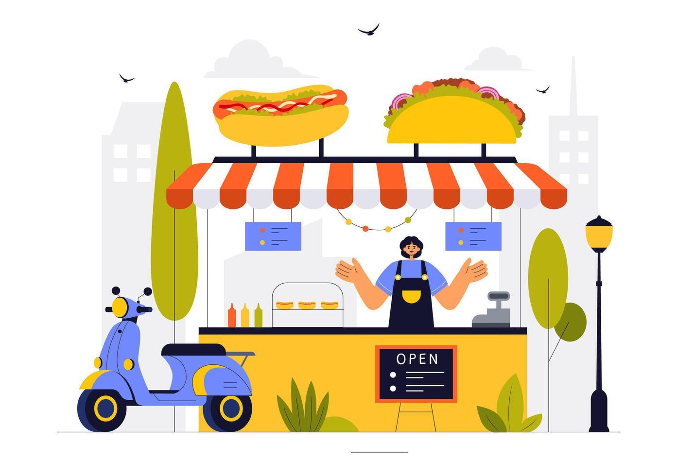 City Park Marketplace Illustration with Food Trucks and a Festive Summer Atmosphere vector
