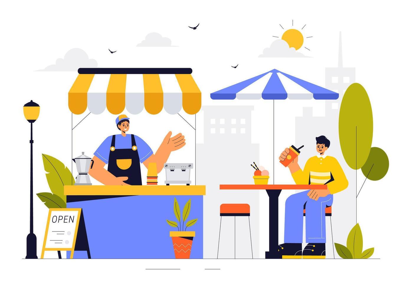 Food Truck Festival Scene Design with Families Enjoying Summer Snacks vector