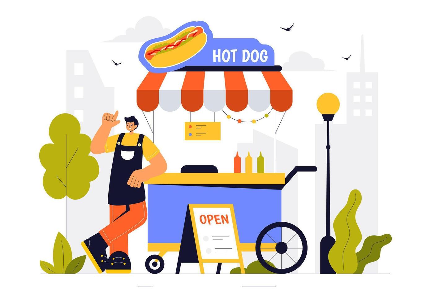 Summer Street Food Market Design with People and Food Trucks in a Flat Cartoon Style vector
