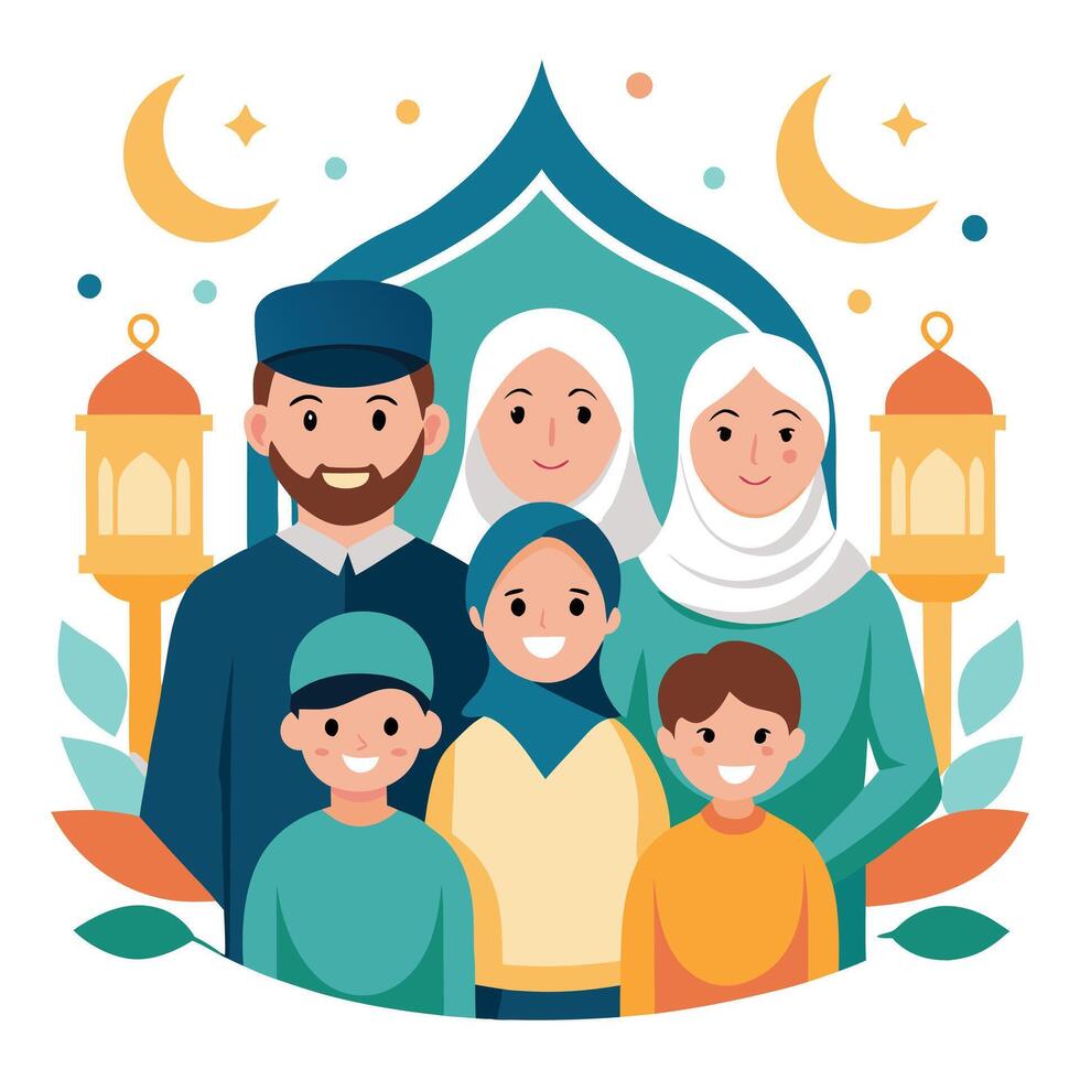 happy Muslim family with children in front of mosque vector