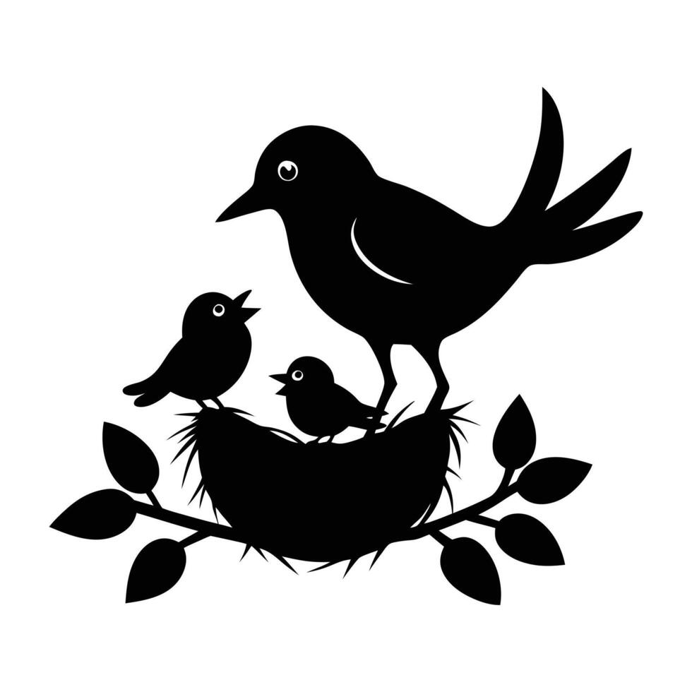 a black and white silhouette of a bird and two babies vector