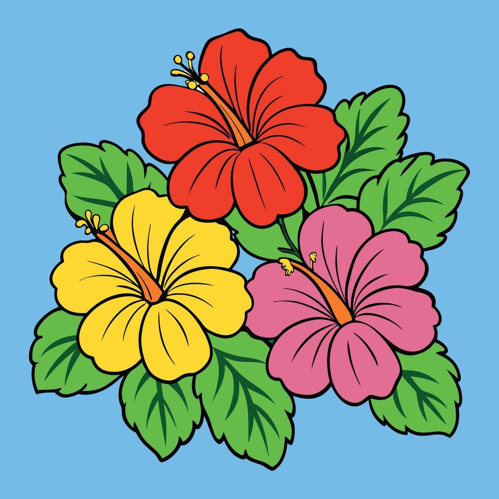 a cartoon drawing of three flowers on a blue background vector