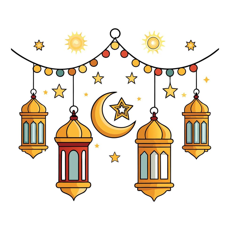 islamic lanterns with stars and crescent vector