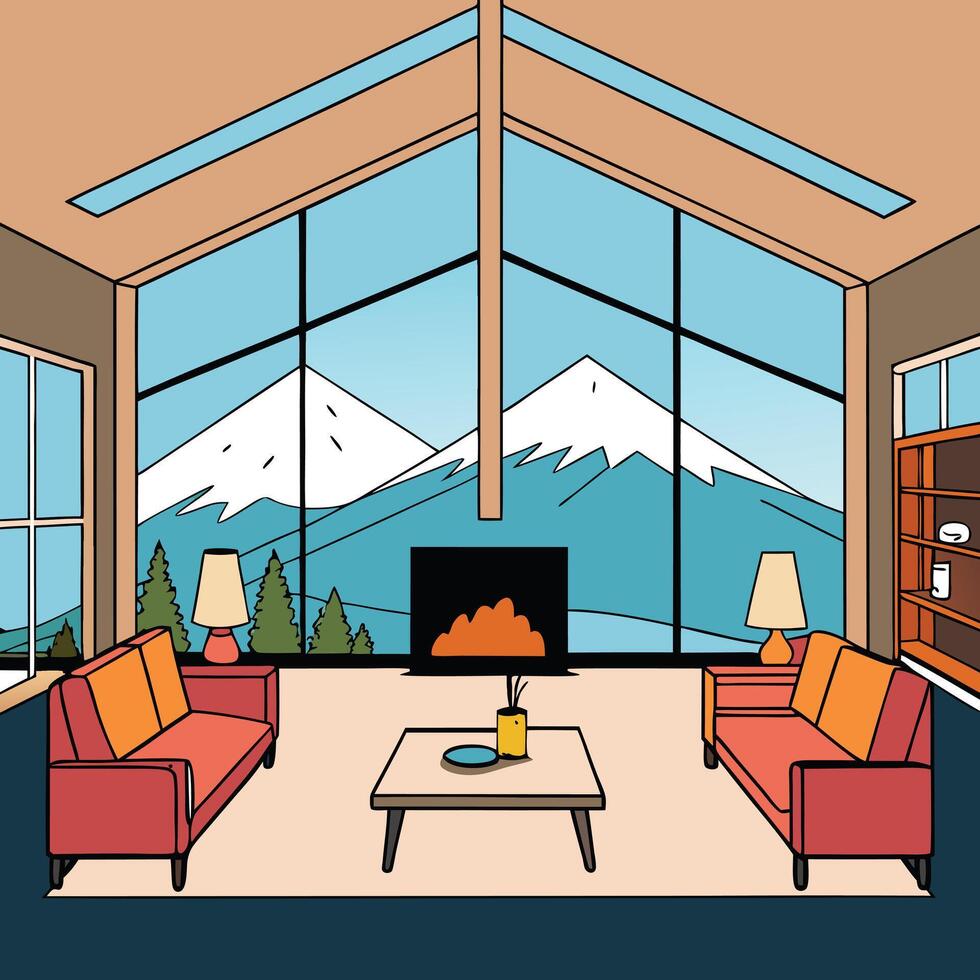 a cartoon illustration of a living room with a fireplace and mountain view vector