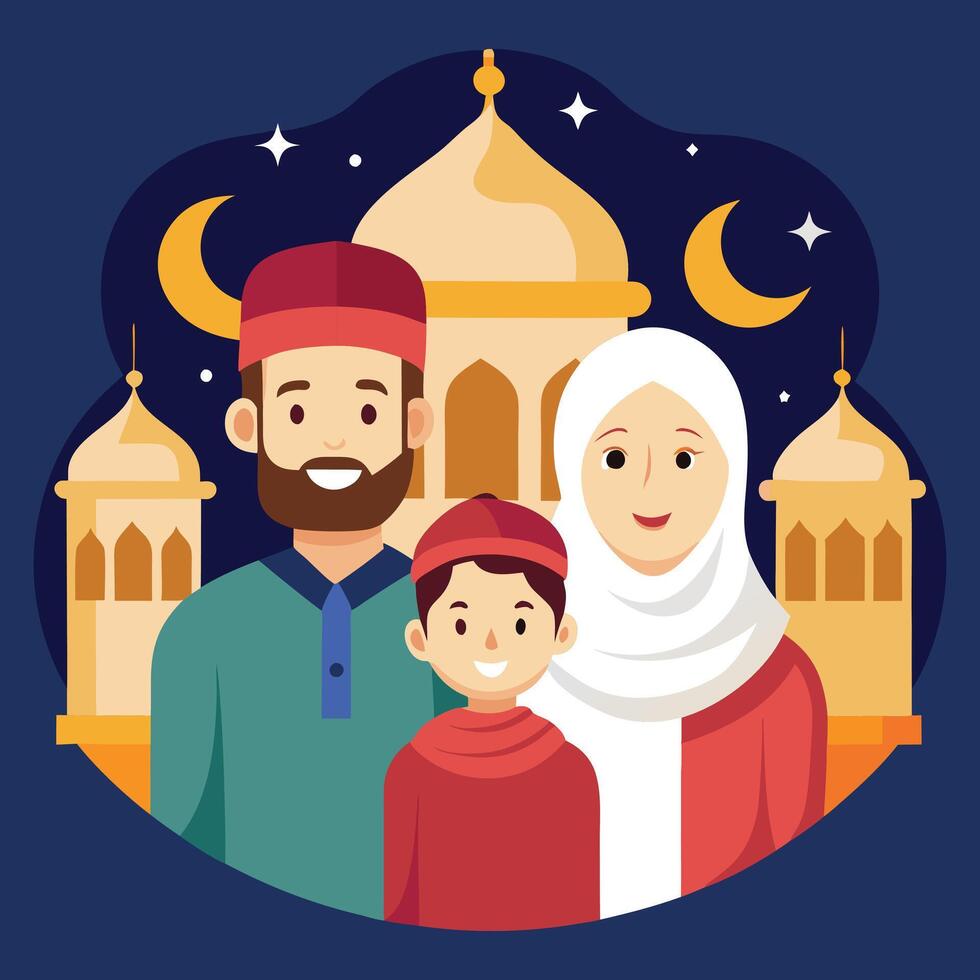 Islamic family with children in front of mosque vector